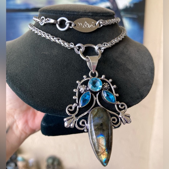 925 Sterling silver overlay natural labradorite sapphire aquamarine necklace - Picture 16 of 16